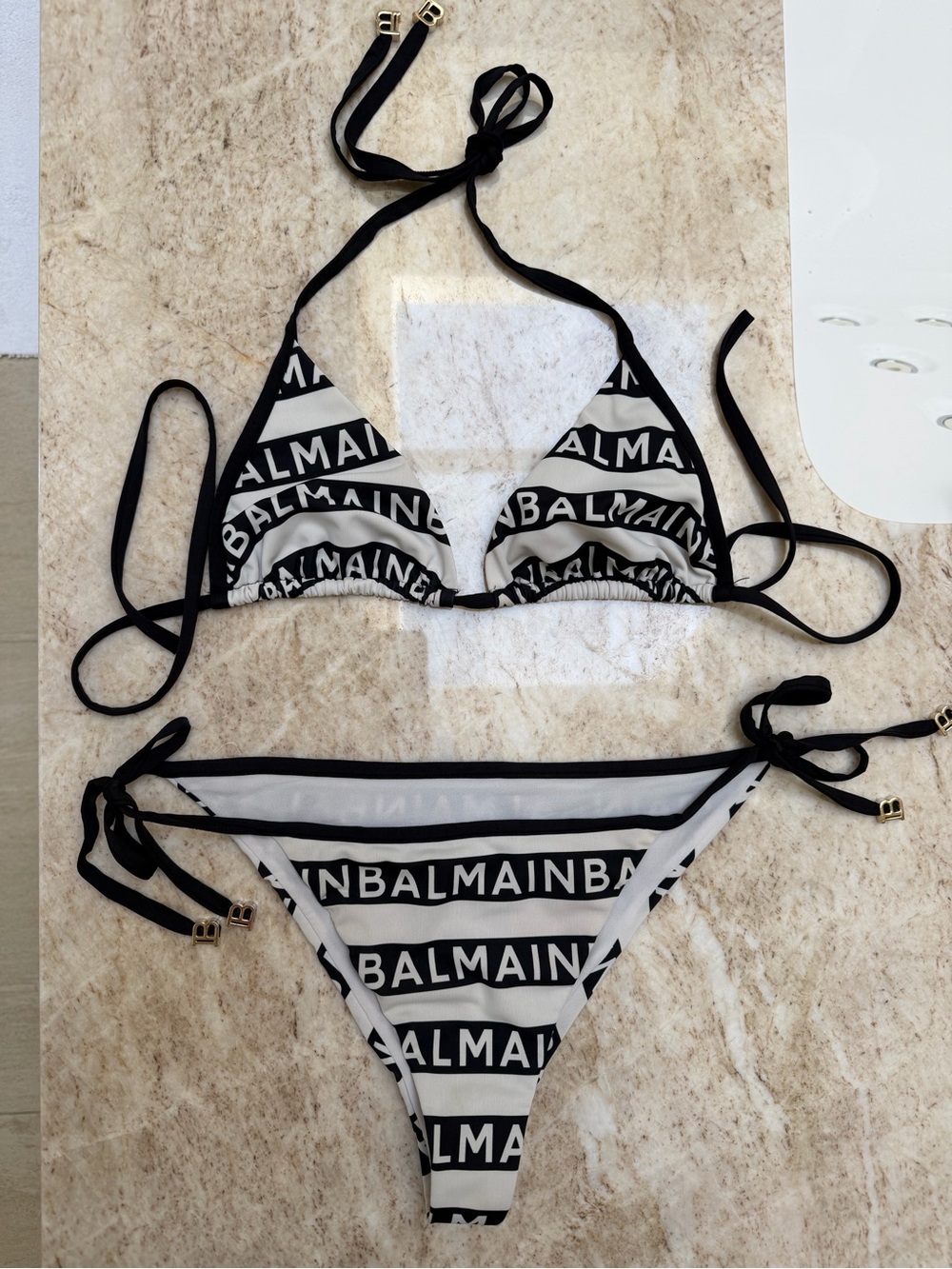 Balmain Black & White Logo String Bikini Set